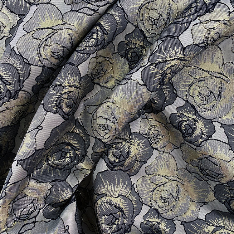 Raised Edge Rose Brocade - Metallic- Silver/Slate Grey
