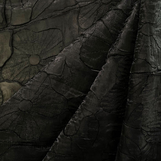 Daisy & Tulip Floral Motif Plisse Organza - Black