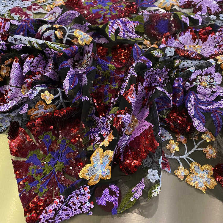 Large Flora Sequinned Net - Purple/Burgundy