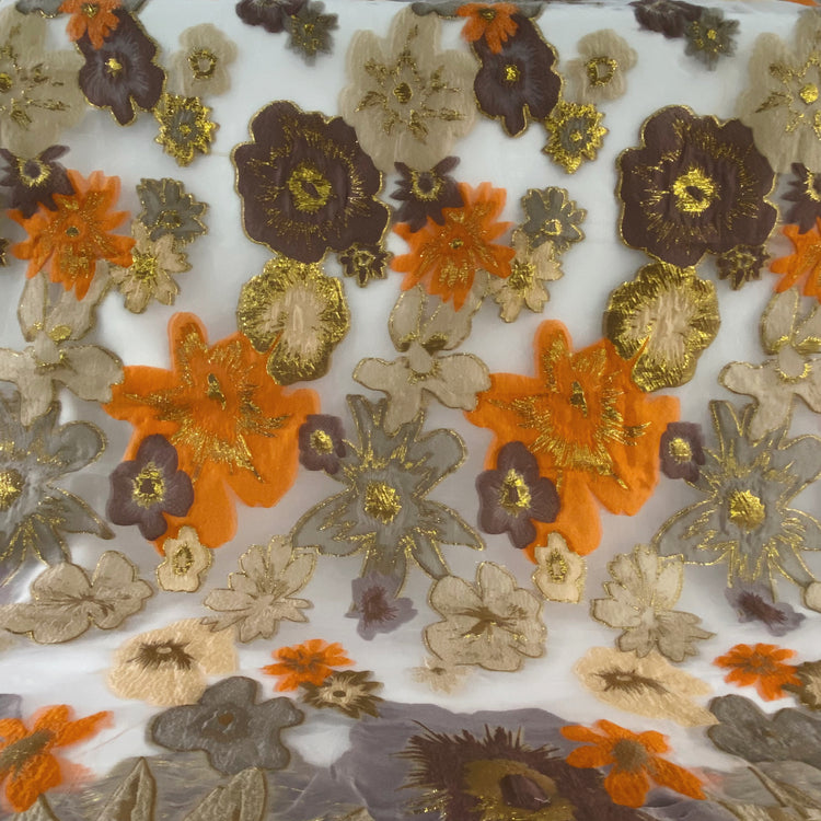 Metallic Large Simple Floral Brocade Chiffon - Orange/Rosy Brown