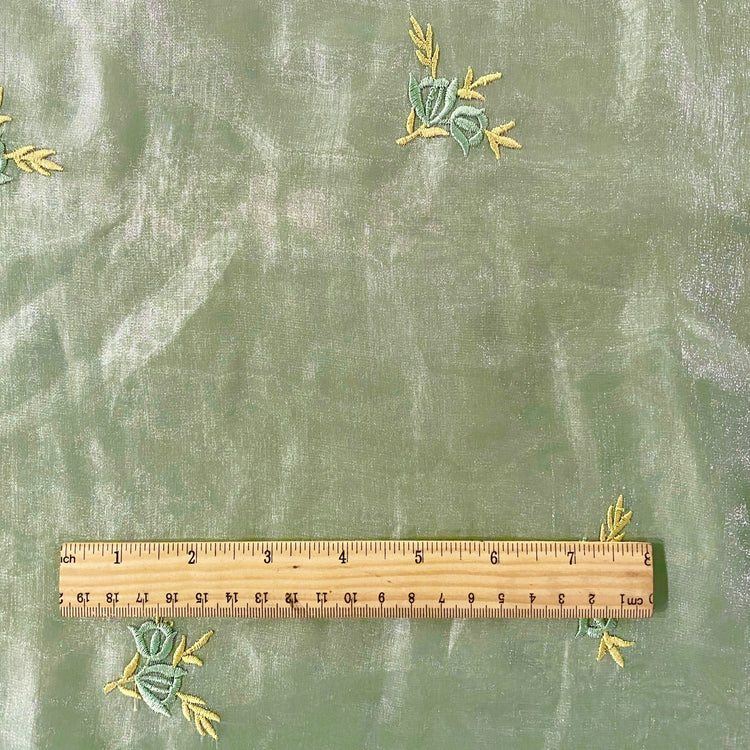 Embroidered Laurel Liquid Organza - Pale Mint Green / Yellow