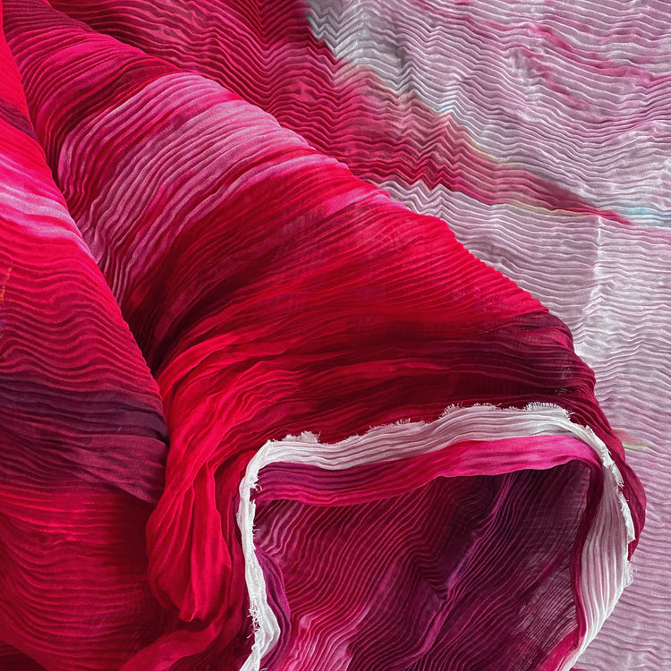 Flame Print Plisse Chiffon - Crimson / Fuchsia
