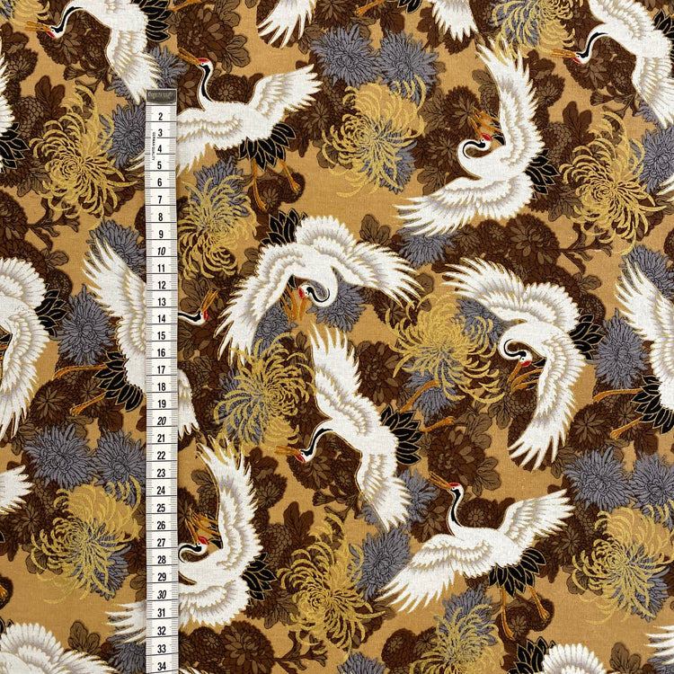 Crane & Chrysanthemum Cotton Broadcloth - White/Fawn