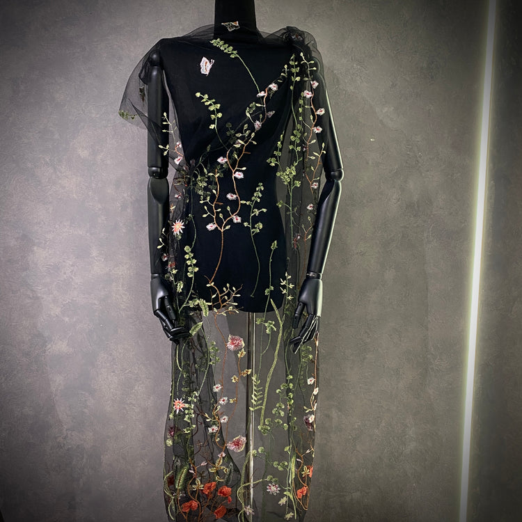 Wildflower Meadow Embroidered Tulle - Green/Black
