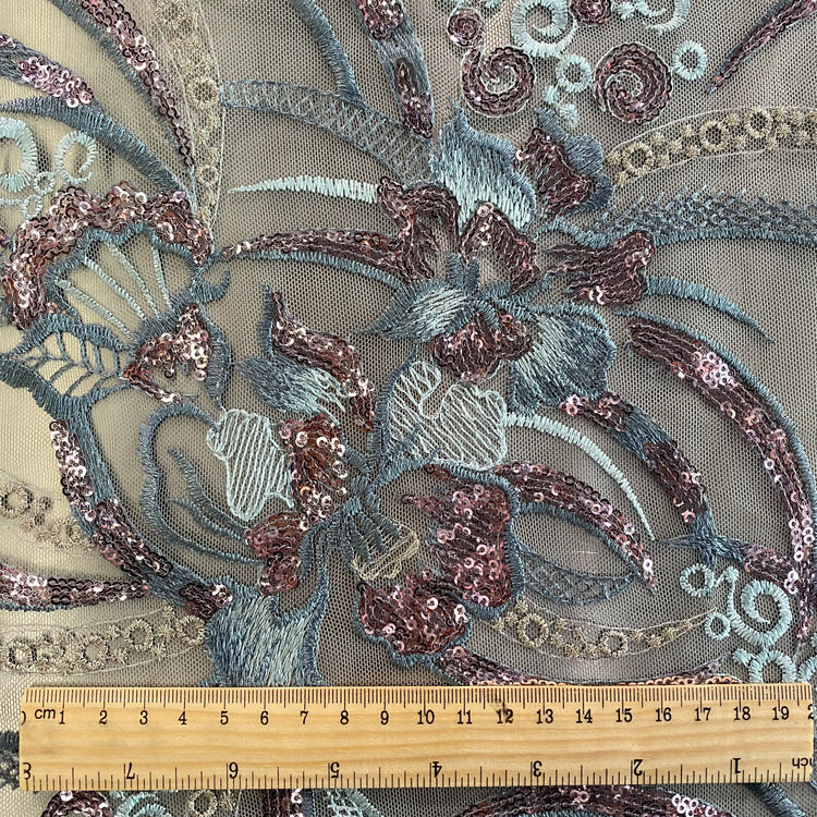 Art Nouveau Embroidered Floral Vine Tulle - Sequined - Cadet Blue/Rose Gold
