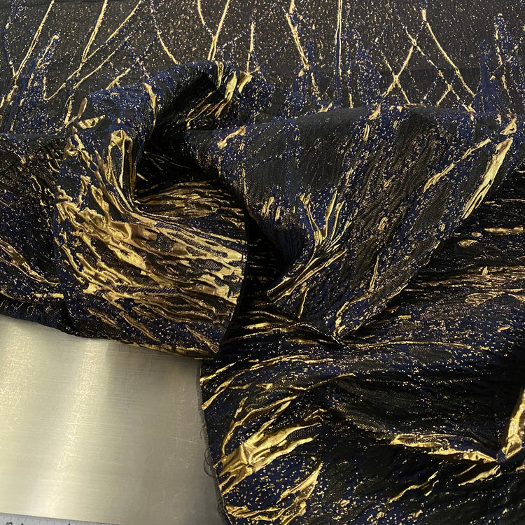 3D Raised Metallic Brocade Panel - Navy/Gold