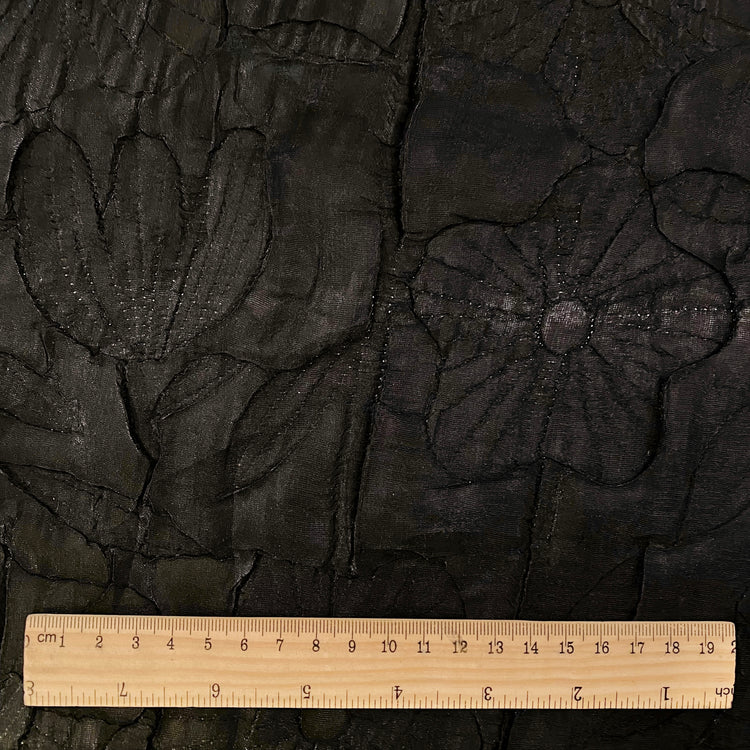 Daisy & Tulip Floral Motif Plisse Organza - Black