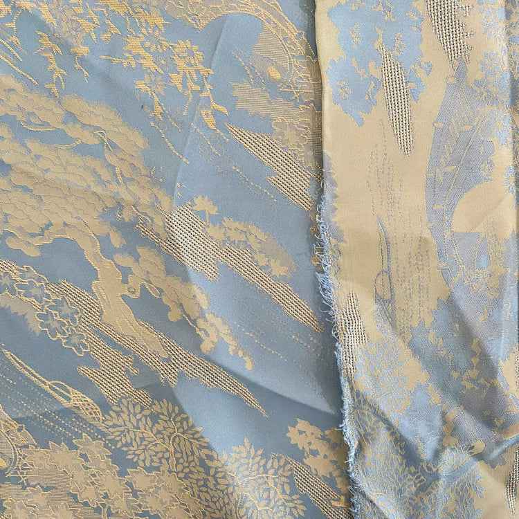 Chinese Garden Satin Jacquard - Open Weave Motif - Light Blue / Cornsilk
