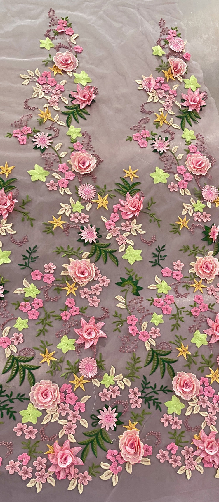 Tanti Fiori Embroidered 3D Applique Floral Tulle - Pink / Chartreuse