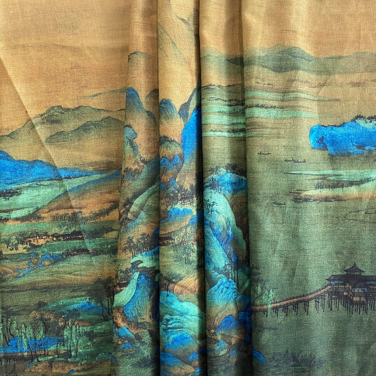 Eastern Gouache Landscape - Border Print - Yellow Green/Dodger Blue