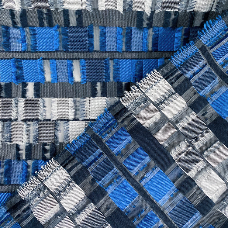 Rectangular Checkerboard Fringe Devore Organza - Blue/Silver
