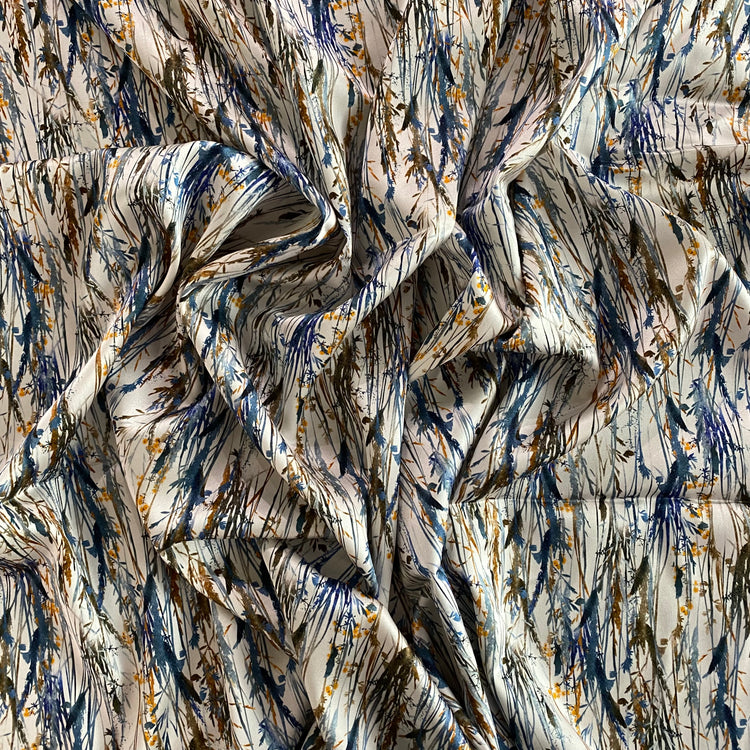 Painterly Wild Grass Stretch Silk Satin - White / Multicoloured