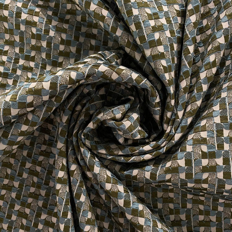 Art Déco Geometric Jacquard - Olive Green / Blue / Off-White