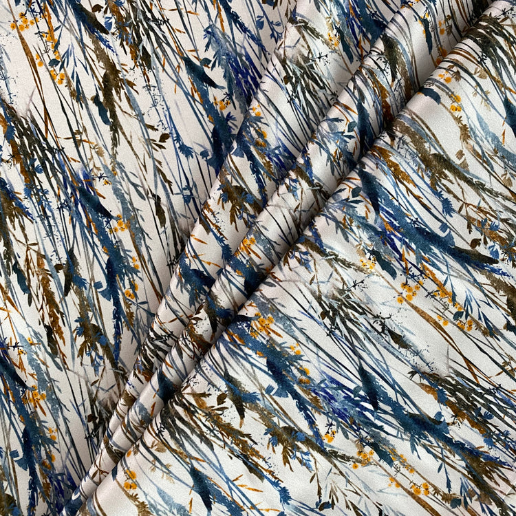 Painterly Wild Grass Stretch Silk Satin - White / Multicoloured