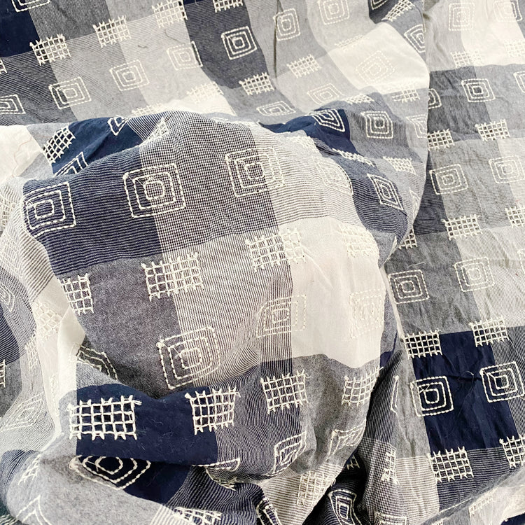 Square Grid Embroidered Cotton Gingham - Steel Blue