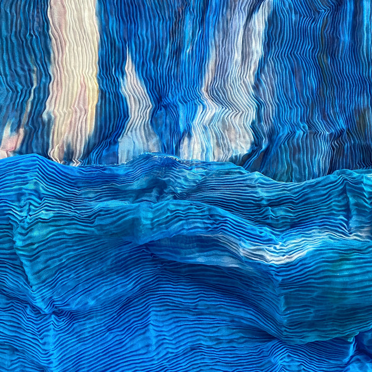 Flame Print Plisse Chiffon - Powder Blue / Cerulean / Sea Green
