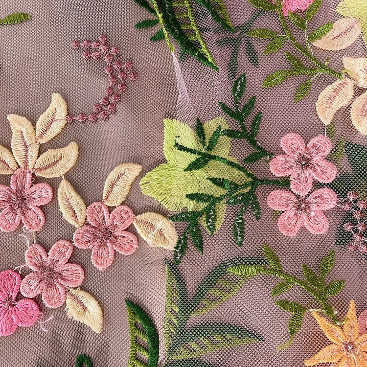 Tanti Fiori Embroidered 3D Applique Floral Tulle - Pink / Chartreuse