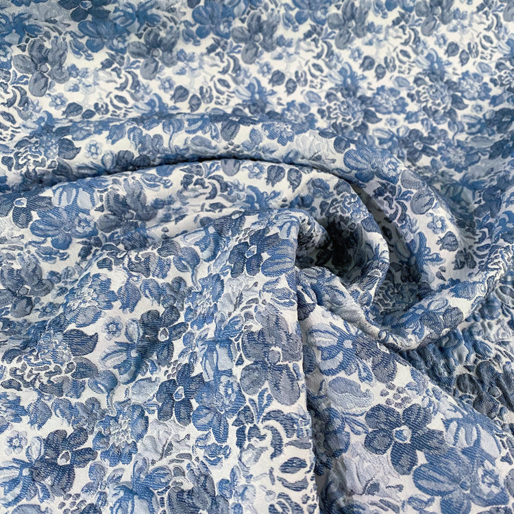 Delicate Floral Poly/Cotton Jacquard - White/Blue Tonal