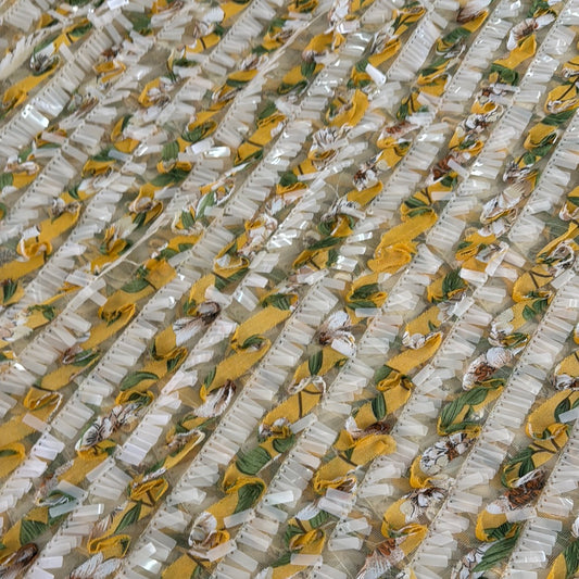 Appliquéd Printed Chiffon & Paillette Sequin Fringe Netting - Yellow/Ivory