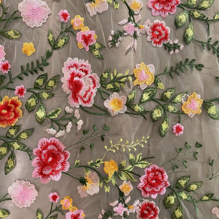 Garden Bouquet Embroidered Tulle - Pink / Forest Green