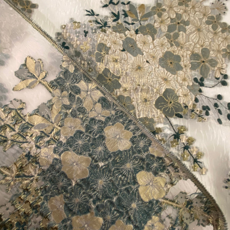 Metallic Floral Bouquet - Air Bubble Double Weave Organza - Teal/Cornsilk