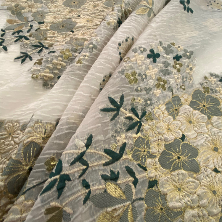 Metallic Floral Bouquet - Air Bubble Double Weave Organza - Teal/Cornsilk