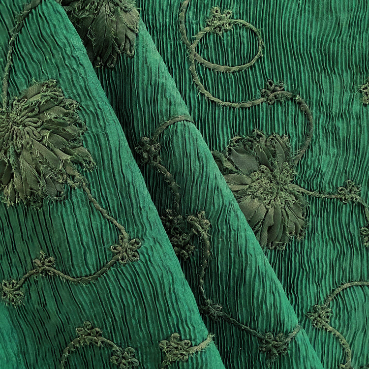 Bonded Plisse with 3D Floral Embroidery - Green / Olive Drab