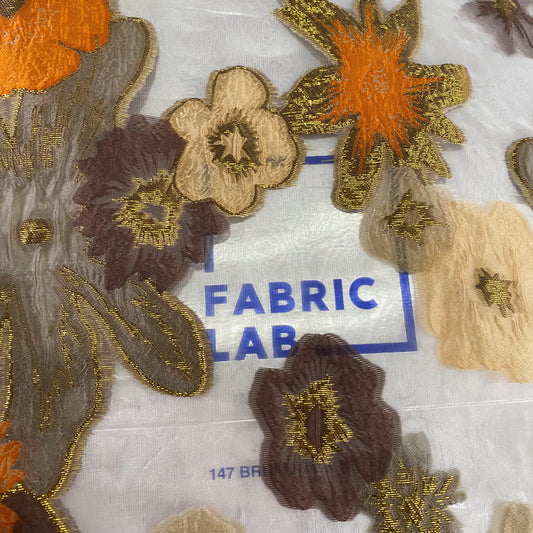 Metallic Large Simple Floral Brocade Organza - Orange/Rosy Brown