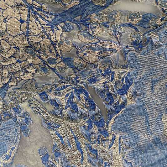 Metallic Floral/Birds Brocade Organza - Light Blue/Pale Pink