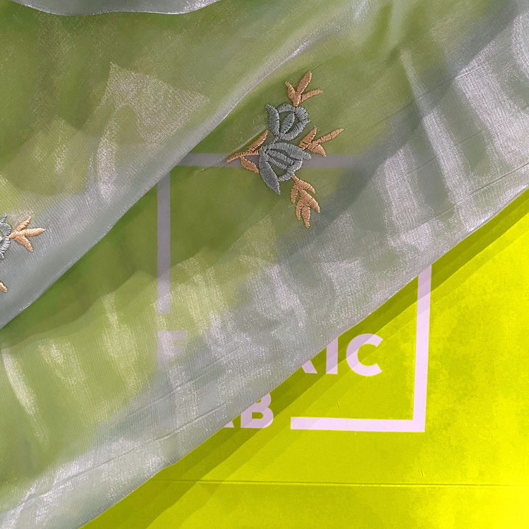 Embroidered Laurel Liquid Organza - Pale Mint Green / Yellow