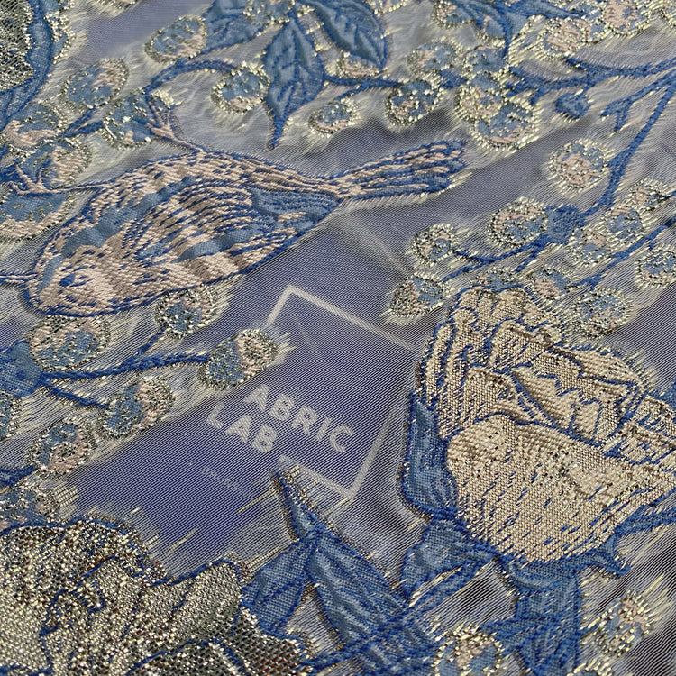 Metallic Floral/Birds Brocade Organza - Light Blue/Pale Pink