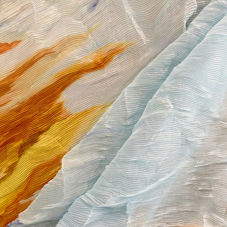 Flame Print Plisse Chiffon - Orange/Powder Blue
