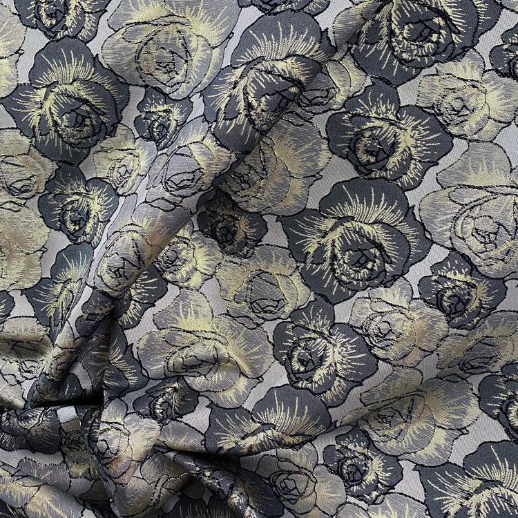 Raised Edge Rose Brocade - Metallic- Silver/Slate Grey