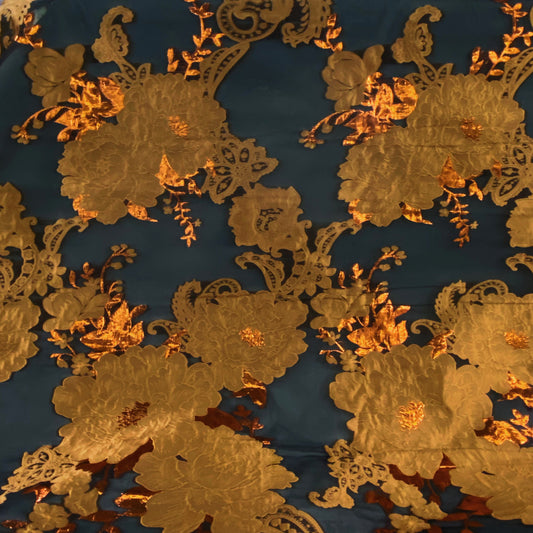 Metallic Tree Peony Brocade Chiffon - Copper/Dark Orange