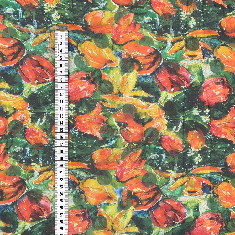 Watercolour Tulip & Paisley Ghosting Sheer Silk Plain Weave - Green/Orange