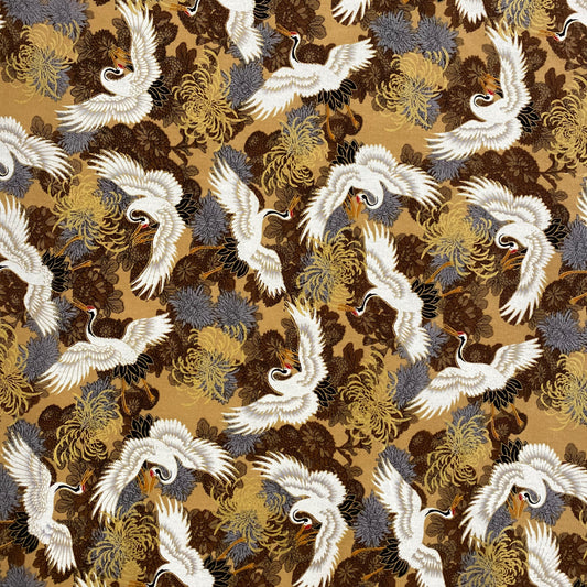 Crane & Chrysanthemum Cotton Broadcloth - White/Fawn