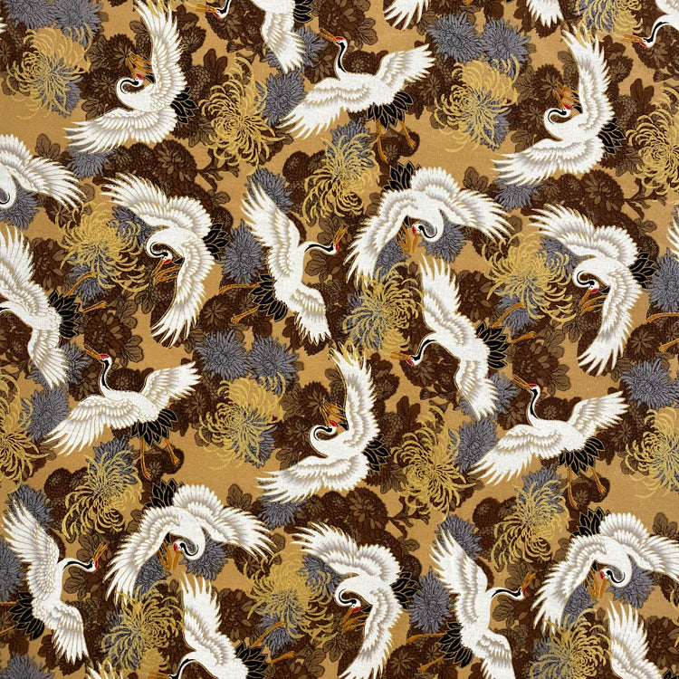 Crane & Chrysanthemum Cotton Broadcloth - White/Fawn