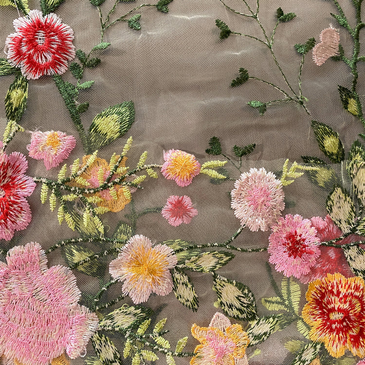 Garden Bouquet Embroidered Tulle - Pink / Forest Green