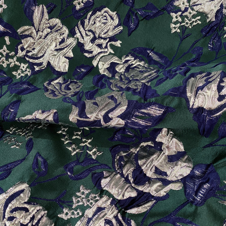 Raised Rose Vine Brocade - Metallic - Silver/Green