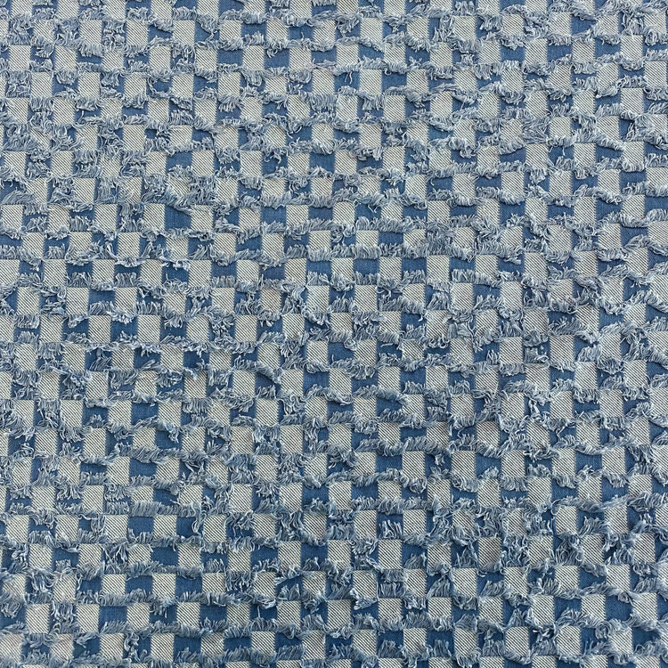 Fringed Check Cotton/Poly Denim - Tonal Blue