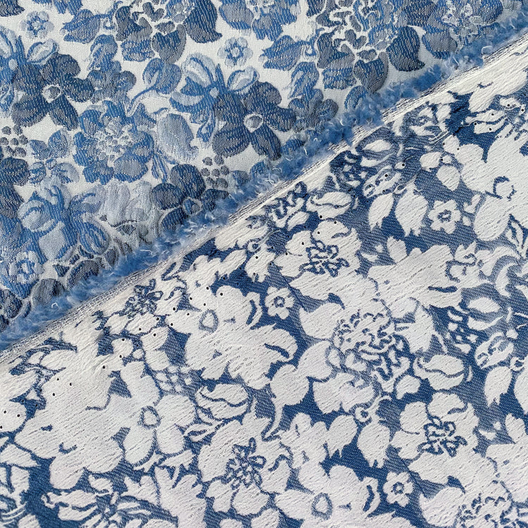 Delicate Floral Poly/Cotton Jacquard - White/Blue Tonal