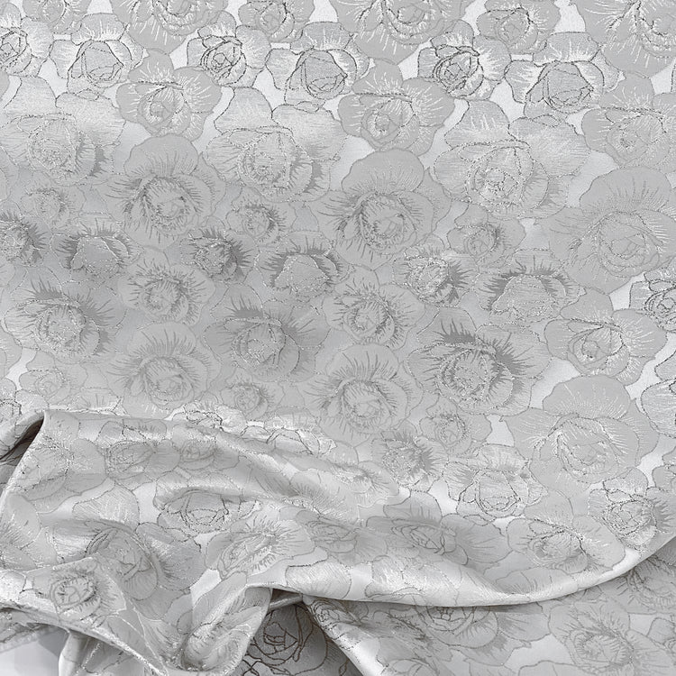 Raised Edge Rose Brocade - Metallic- Silver/White