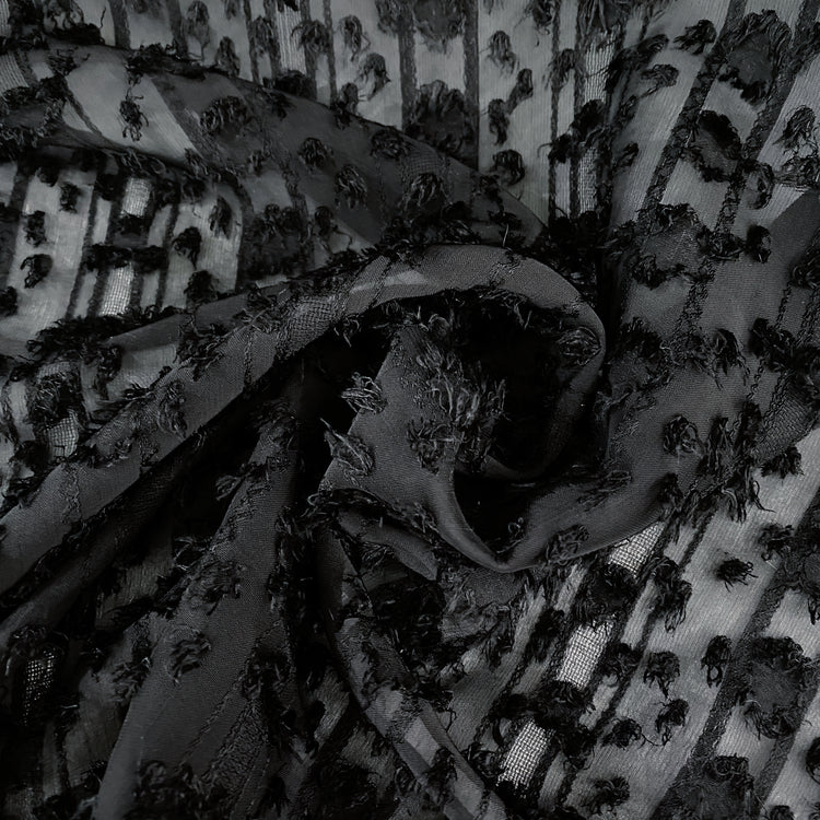 Striped Dobby Fringed Sheer Chiffon - Black