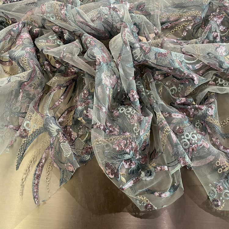Art Nouveau Embroidered Floral Vine Tulle - Sequined - Cadet Blue/Rose Gold