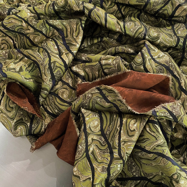 Nephrite & Ochre Double Printed Satin Jacquard - Yellow Green / Olive Drab
