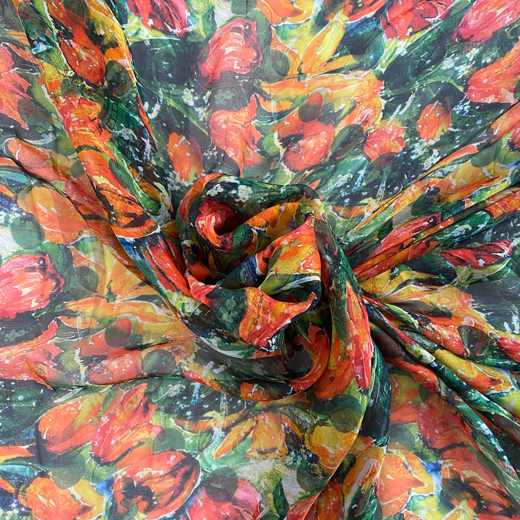 Watercolour Tulip & Paisley Ghosting Sheer Silk Plain Weave - Green/Orange