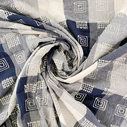 Square Grid Embroidered Cotton Gingham - Steel Blue