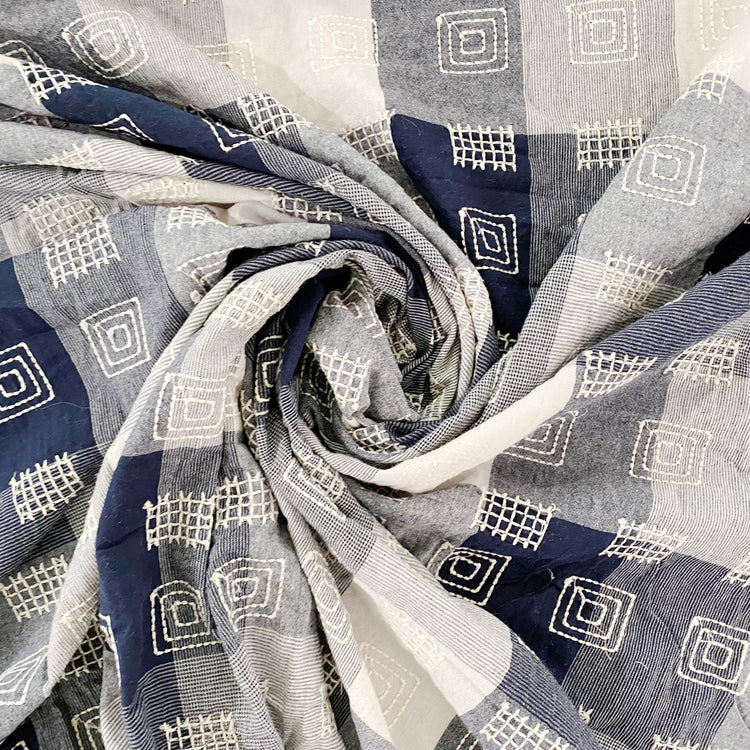Square Grid Embroidered Cotton Gingham - Steel Blue