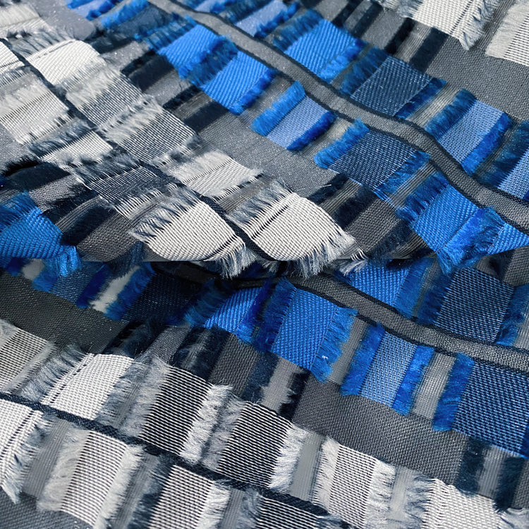 Rectangular Checkerboard Fringe Devore Organza - Blue/Silver