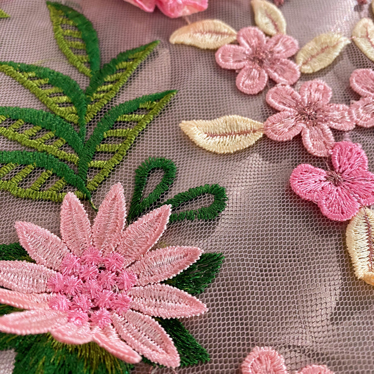 Tanti Fiori Embroidered 3D Applique Floral Tulle - Pink / Chartreuse